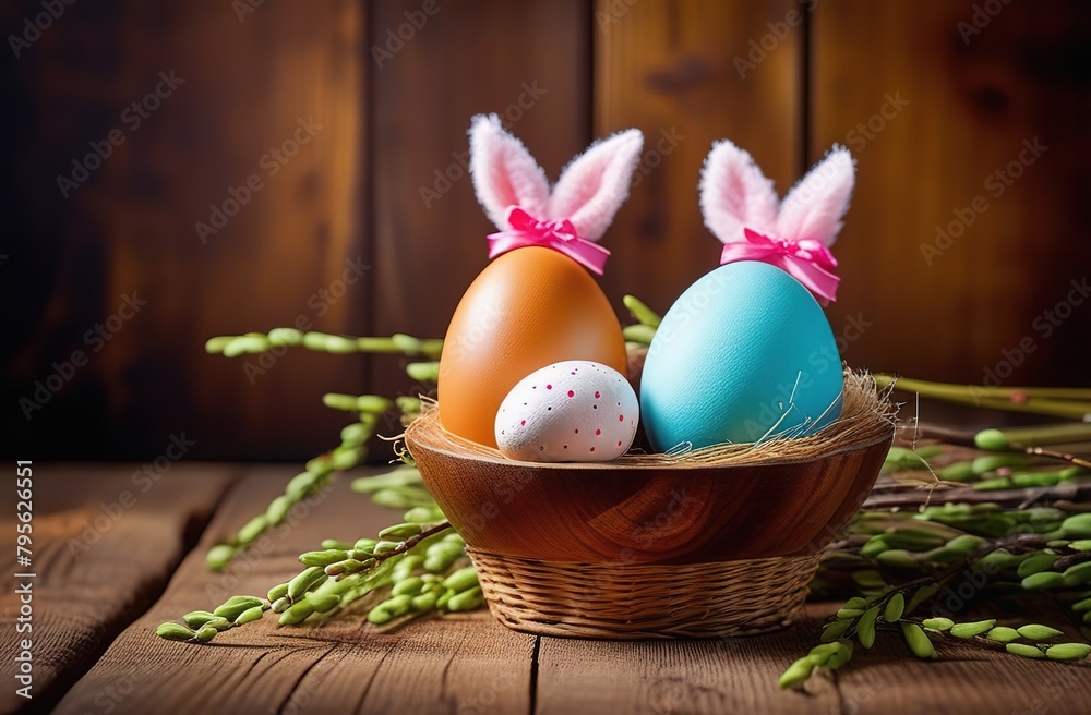Easter eggs of pastel colors, on a wooden background, Easter, natural decor