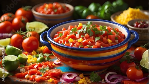 Type of Image: Artistic Image, Subject Description: An artistic representation of ingredients for traditional Mexican tomato salsa, Art Styles: Impressionism, Art Inspirations: Vibrant food art, Camer photo