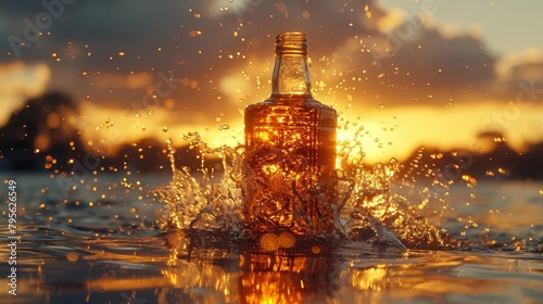  A bottle of alcohol bobbing in a body of water, sunset casting hues behind, water splashes ensue