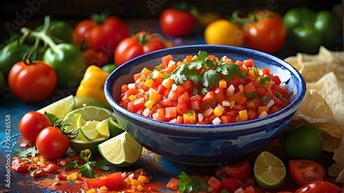 Type of Image: Artistic Image, Subject Description: An artistic representation of ingredients for traditional Mexican tomato salsa, Art Styles: Impressionism, Art Inspirations: Vibrant food art, Camer photo
