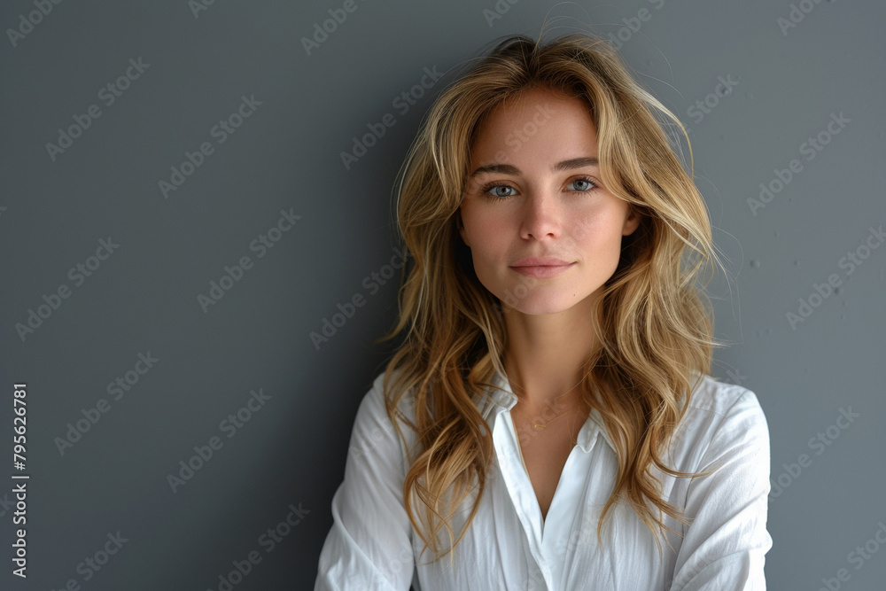Fototapeta premium A cheerful and confident businesswoman exudes professionalism, embodying elegance and attractiveness