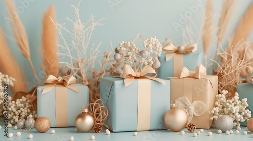 Festive gift arrangement with blue and beige boxes, winter branches