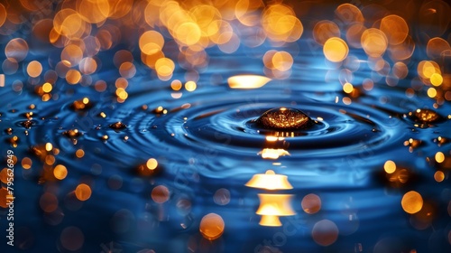  A tight shot of a water droplet atop a blue expanse, surrounded by numerous background lights