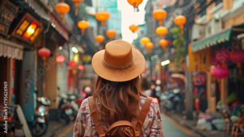 Asia,female travelers explore Asia, Thailand, and delight in the bustling streets of Bangkok's lively Yaowarat district. photo