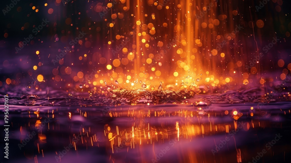   A tight shot of water, adorned with numerous lights reflecting on its surface, and adorned with many water drops