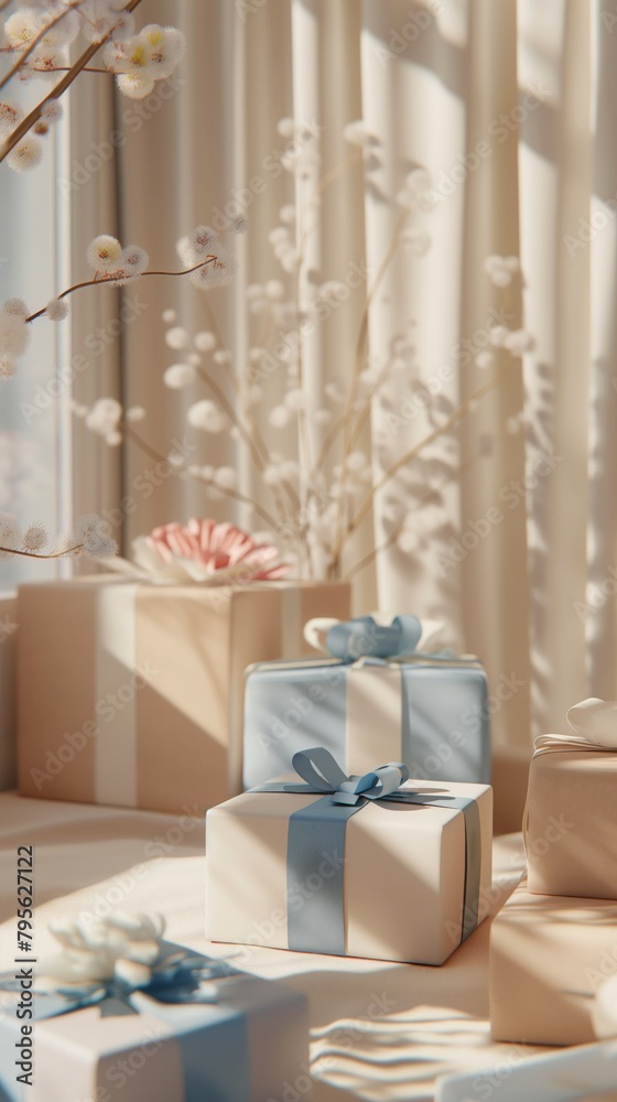 Festive gift arrangement with blue and beige boxes, winter branches