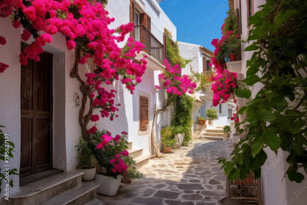 Obraz premium A Tranquil Afternoon in a Sun-Drenched Mediterranean Alleyway, with Cobblestone Streets and Vibrant Bougainvillea Draping Over Rustic Balconies