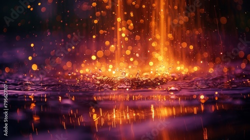 A tight shot of water, adorned with numerous lights reflecting on its surface, and adorned with many water drops
