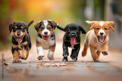 Joyful Puppies Running Together Outdoors 