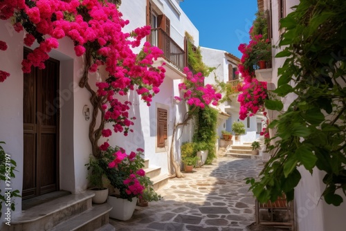 A Tranquil Afternoon in a Sun-Drenched Mediterranean Alleyway, with Cobblestone Streets and Vibrant Bougainvillea Draping Over Rustic Balconies