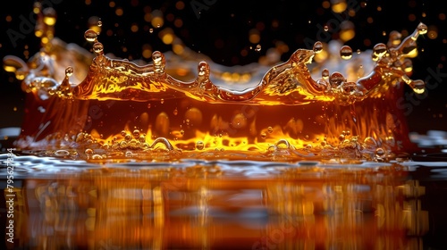  A crown of liquid suspended atop the water's surface, encircled by cascading droplets below