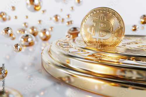 Spinning Bitcoin Coin with Golden Reflections
