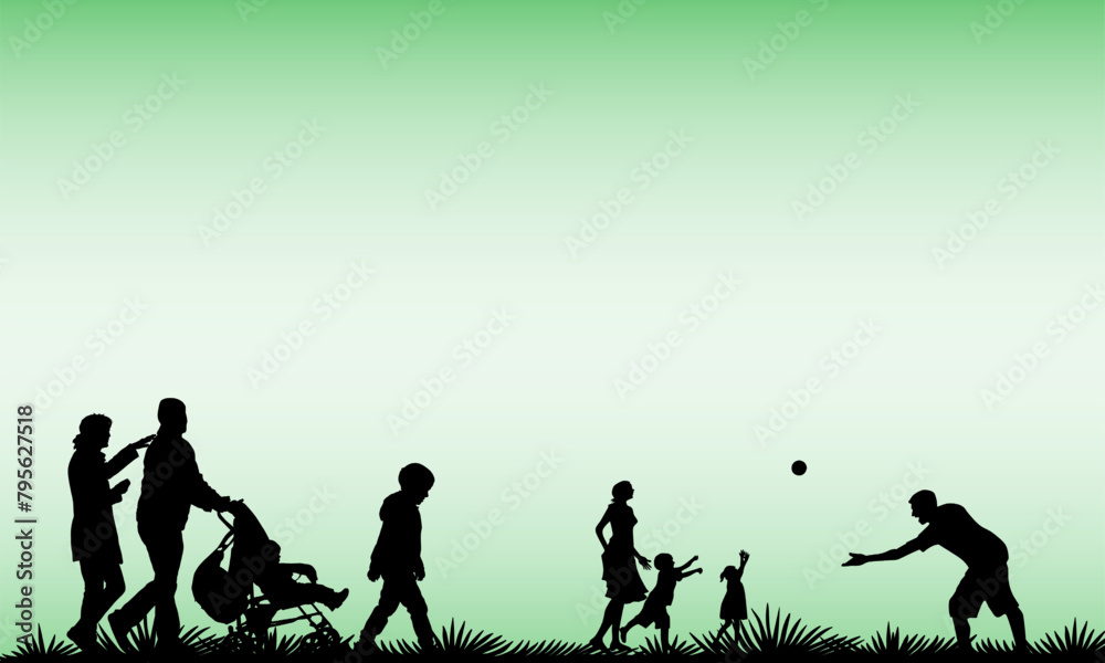 Happy Family Silhouette Playing Together in Lush Green Environment - Vector Illustration Happy Family Silhouette Playing Together in Lush Green Environment - Vector Illustration