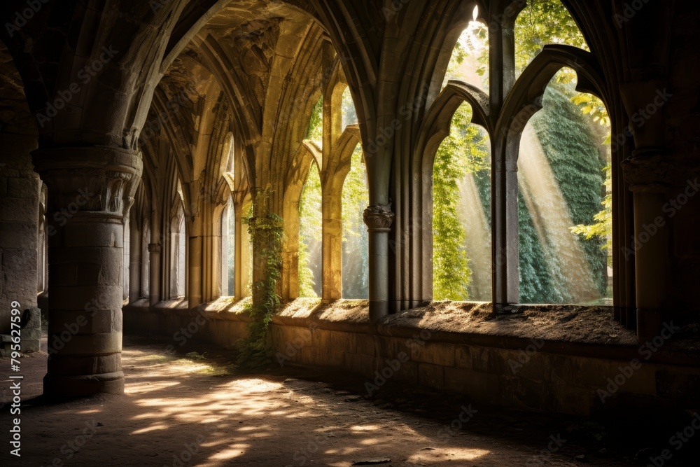 A Serene Afternoon in a Medieval Cloister with Sunlight Streaming Through the Gothic Arches onto the Ancient Stone Floor