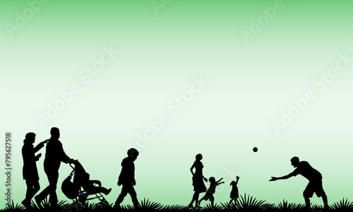 Happy Family Silhouette Playing Together in Lush Green Environment - Vector Illustration