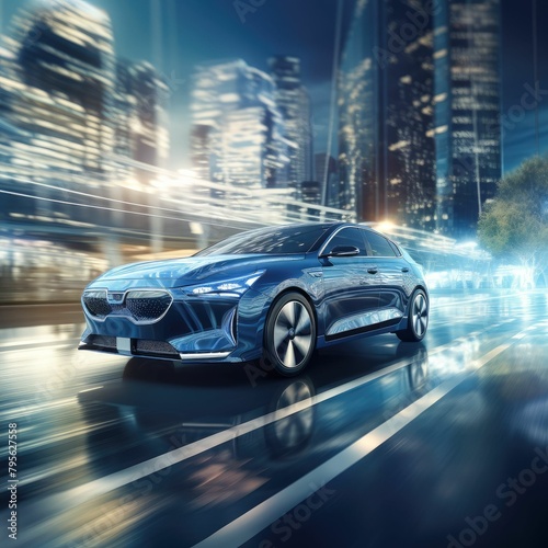 Hybrid car in motion  emphasizing its seamless transition between electric and fuel modes for efficiency