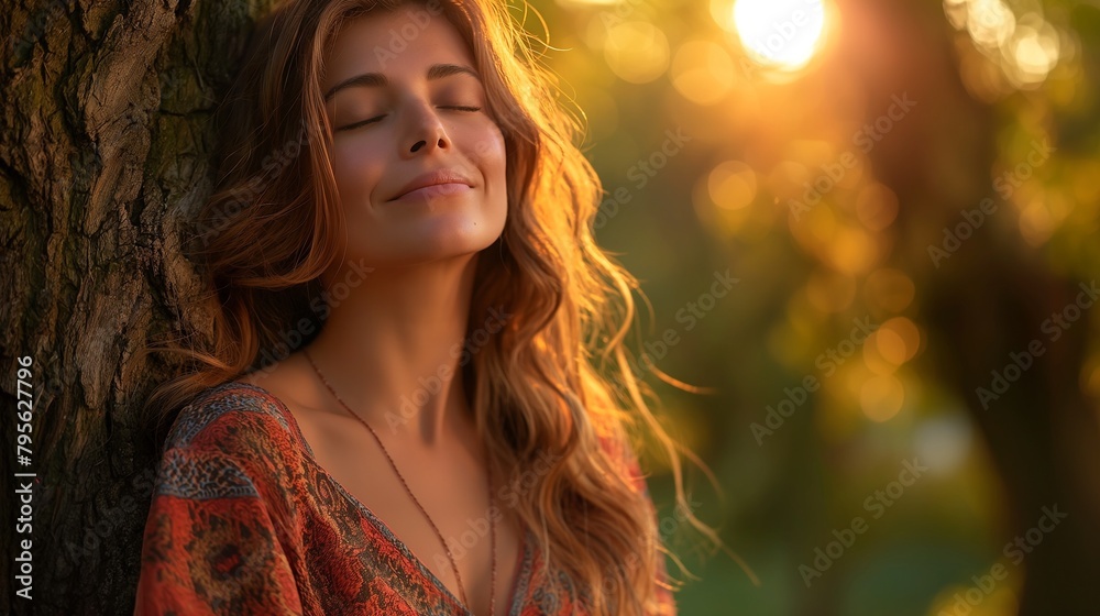 Bohemian woman embraces a tree with closed eyes and a smile, framed by a green forest under the sunset. Bohemian woman embraces a tree with closed eyes and a smile, framed by a green forest under the sunset.