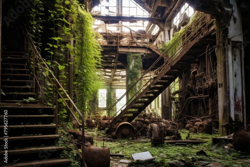 A Hauntingly Beautiful Image of an Abandoned Power Plant Being Reclaimed by Nature, with Vines Crawling Up Its Rusty Walls and Birds Nesting in Its Empty Spaces