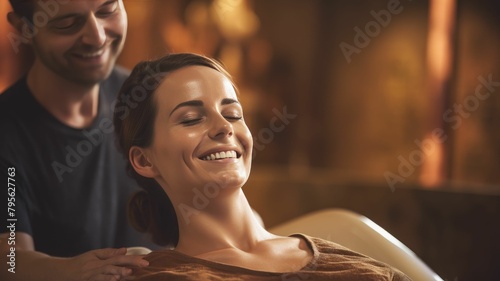 Radiant Serenity: Joyful woman Engages in Relaxation and Tranquility Within the Spa's Serene Atmosphere and Comforting Ambiance photo
