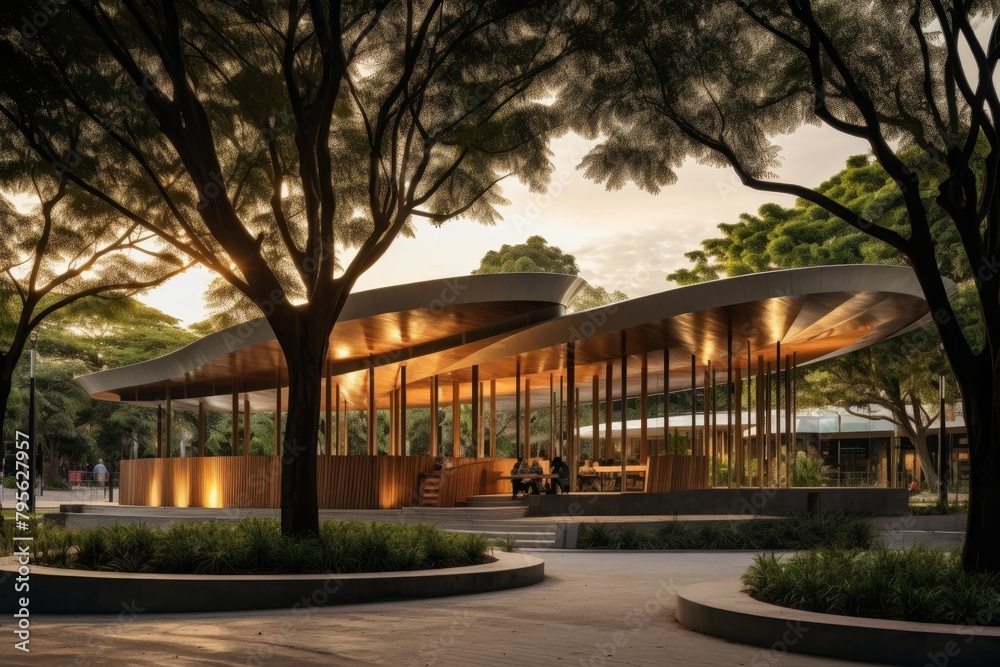 A Tranquil Urban Park Pavilion Nestled Amidst Lush Greenery, Illuminated by the Soft Glow of the Setting Sun