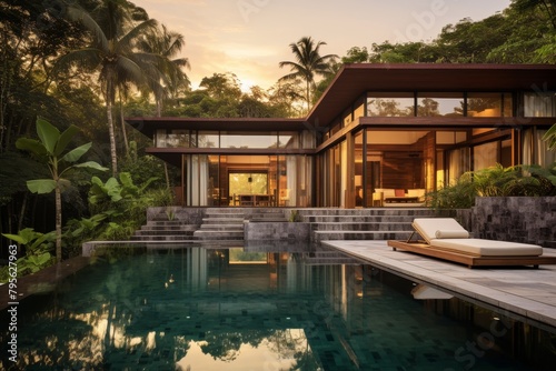 A Hidden Tropical Jungle Villa Nestled Amongst Lush Greenery, with a Crystal Clear Pool Reflecting the Vibrant Sunset © aicandy