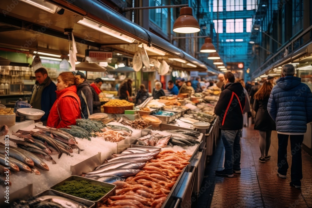 A Bustling Urban Fish Market Scene with Open Stalls, Colorful Seafood Displays, and Busy Shoppers in the Heart of the City