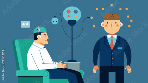 A man sitting in a chair with electrodes attached to his head as a security guard scans his brain for any possible threats using the latest.