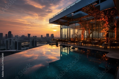 A Luxurious Rooftop Infinity Pool Overlooking the Bustling Cityscape at Sunset, Reflecting the Warm Hues of the Sky © aicandy
