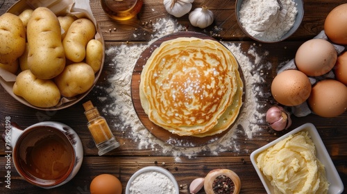 homemade potato pancakes, featuring the key ingredients - potatoes, eggs, flour, onion, garlic, salt, pepper, and vegetable oil - elegantly displayed around the finished dish.