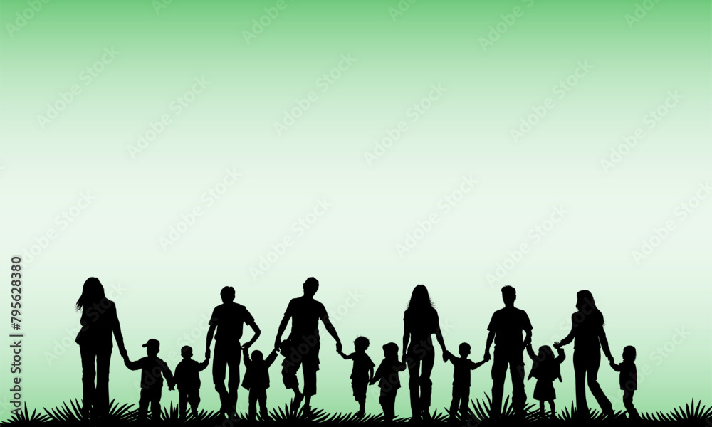 Happy Family Silhouette Enjoying Nature in Green Vector - Peaceful Outdoor Bonding Concept for Design and Media Use Happy Family Silhouette Enjoying Nature in Green Vector - Peaceful Outdoor Bonding Concept for Design and Media Use