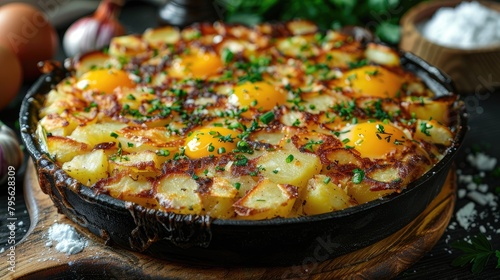 homemade potato pancakes, featuring the key ingredients - potatoes, eggs, flour, onion, garlic, salt, pepper, and vegetable oil - elegantly displayed around the finished dish.