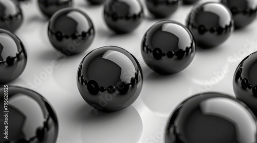   A collection of black balls aligned on a white surface with one black ball in the center photo