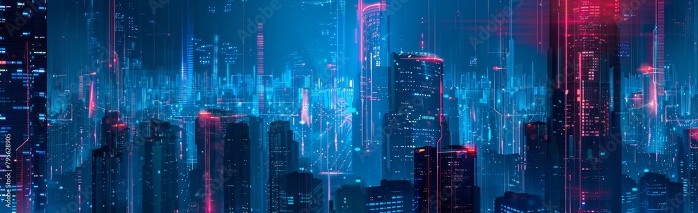Abstract technology background with blue and red color illustration of futuristic cityscape pattern on dark black banner for website design or web development Generative AI