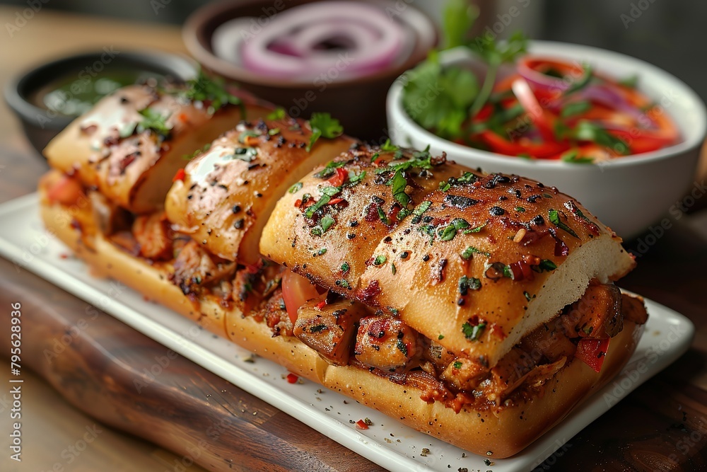 a large soft bread roll with cut open showing the filling of chicken and vegetables a large soft bread roll with cut open showing the filling of chicken and vegetables