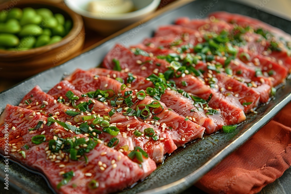 A long rectangular dish with marinated beef slices and garlic on top A long rectangular dish with marinated beef slices and garlic on top
