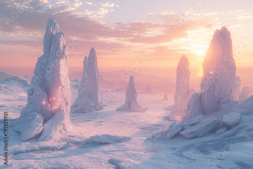 A digital desert landscape dotted with crystalline formations, their surfaces gleaming in the soft glow of a virtual sunrise. photo