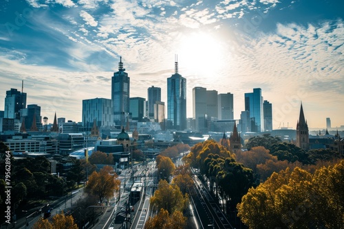 Scenery of Melbourne skyline with Australian Open in progress, Ai generated