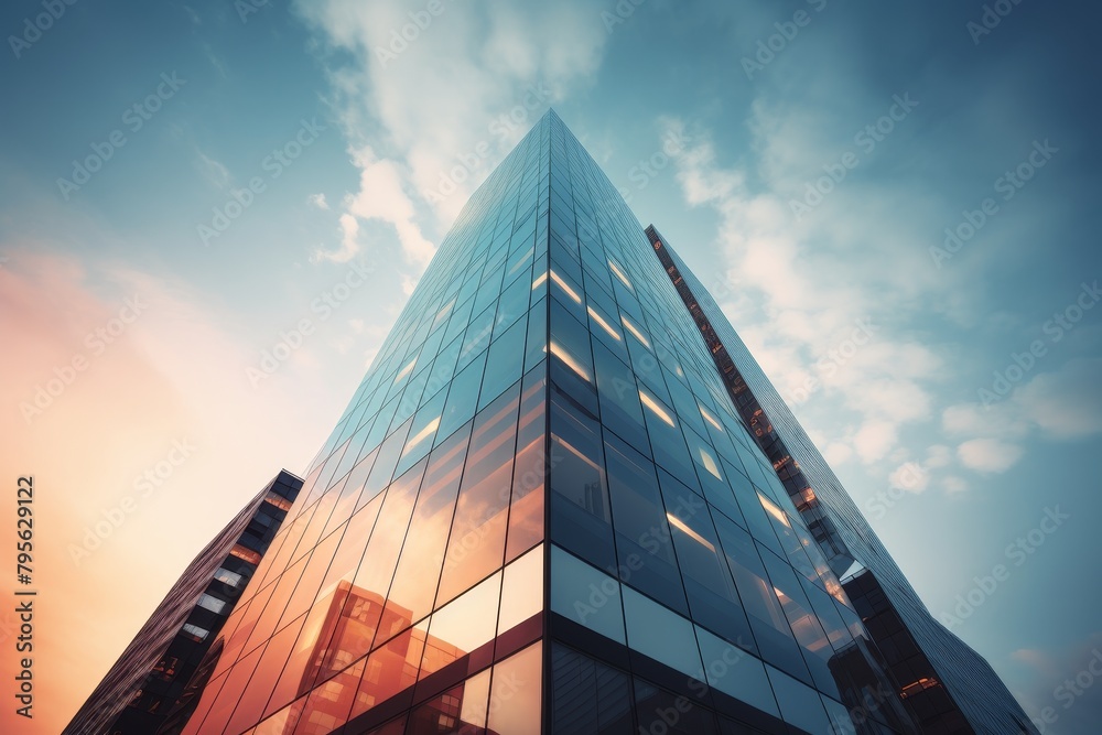 A Majestic Skyscraper Towering into the Sky, Featuring a Gradient Tint on Its Glass Facade Reflecting the Setting Sun