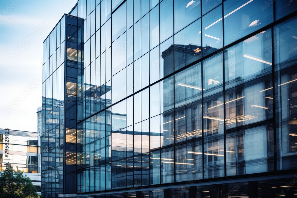 A Modern Flat-Fronted Office Block with Deep-Set Windows Reflecting the Bustling City Life Around It A Modern Flat-Fronted Office Block with Deep-Set Windows Reflecting the Bustling City Life Around It