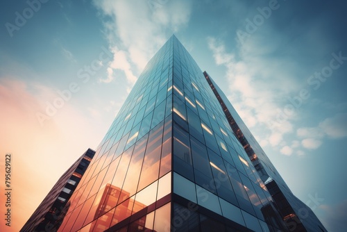 A Majestic Skyscraper Towering into the Sky, Featuring a Gradient Tint on Its Glass Facade Reflecting the Setting Sun