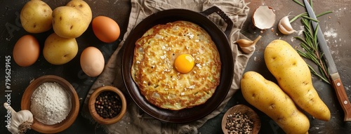 homemade potato pancakes, featuring the key ingredients - potatoes, eggs, flour, onion, garlic, salt, pepper, and vegetable oil - elegantly displayed around the finished dish.