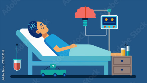 A patient lying on a hospital bed undergoing a procedure to implant quantum computing technology into their brain to enhance their cognitive.
