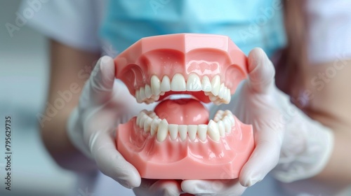 Closeup female dentist hand holds dentures for explaining teeth consulting to patient. AI generated photo