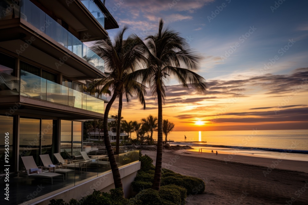 Fototapeta premium Luxurious Oceanfront Condos with Panoramic Views of the Sparkling Blue Sea, Lush Palm Trees, and Stunning Sunset