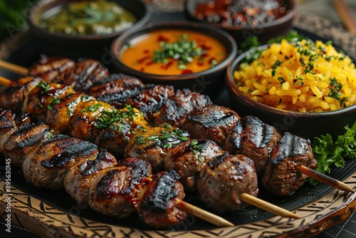 A delightful assortment of fat and juicy grilled steak on wooden sticks, drizzled with yellow sauce and garnished with fresh herbs and spices,