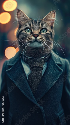 Sleek cat struts with feline grace in a tailored ensemble  embodying street style. The realistic urban backdrop captures the essence of chic sophistication  blending whiskered charm with contemporary 