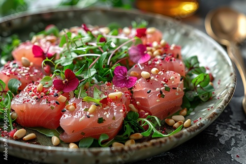 A dish of pink and white tuna sashimi with salad, pine nuts and pol nostro in the center on an elegant dark green background. photo