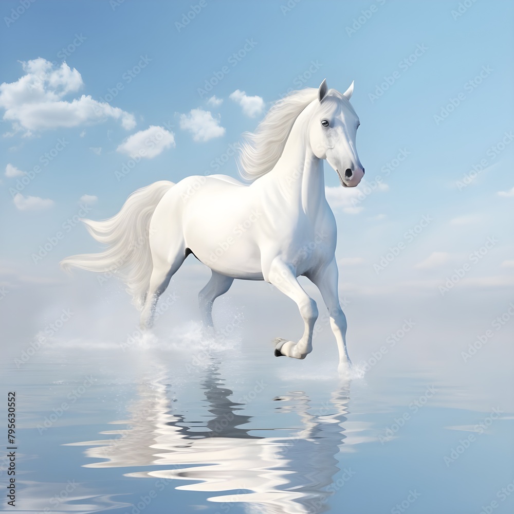 A beautiful amazing white horse runs on the water. Mystical portrait of an elegant stallion. Reflection of a white horse in the water. 3d render