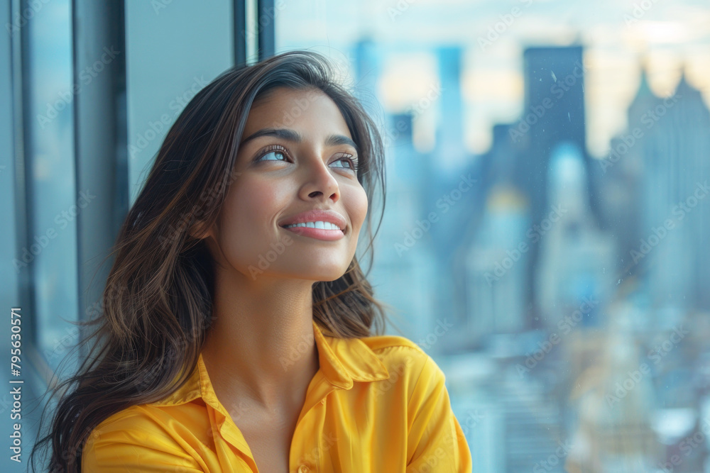 Indian business woman happy in modern office looking at the future Indian business woman happy in modern office looking at the future