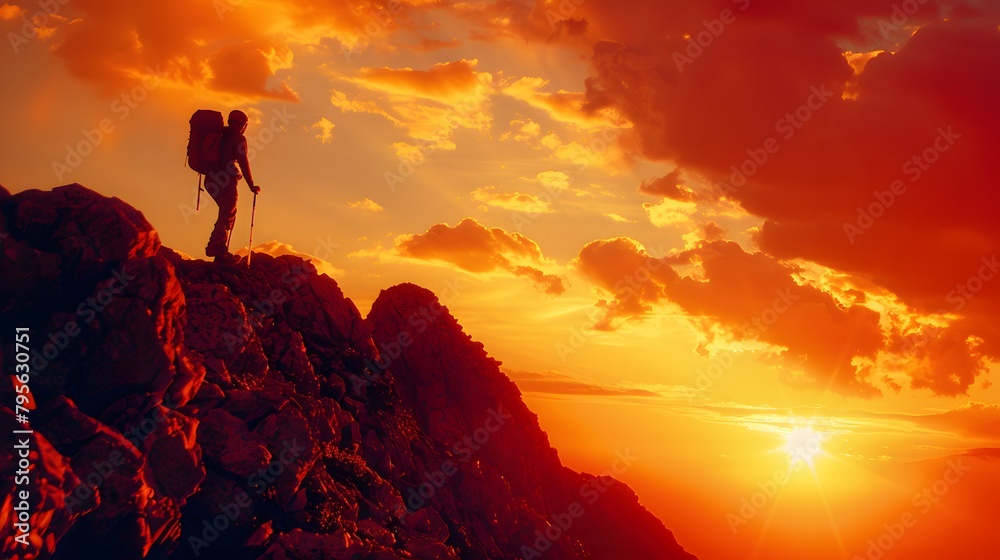A hiker traverses a rocky terrain, their silhouette etched against the fiery hues of a spectacular sunset, casting long shadows on the rugged landscape.